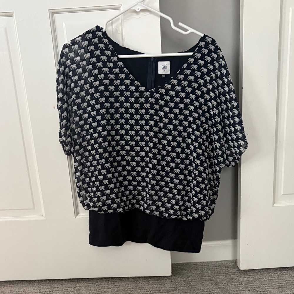CAbi Navy and Ivory Elephant Print Short Dolman Top